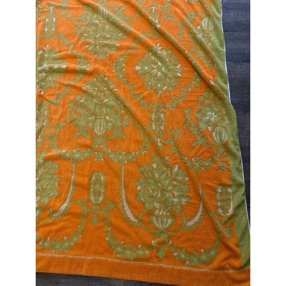 Vtg 70s Mitsukoshi Neon Orange Green Damask Terrycloth Beach Towel Blanket 52x66 - Picture 6 of 8